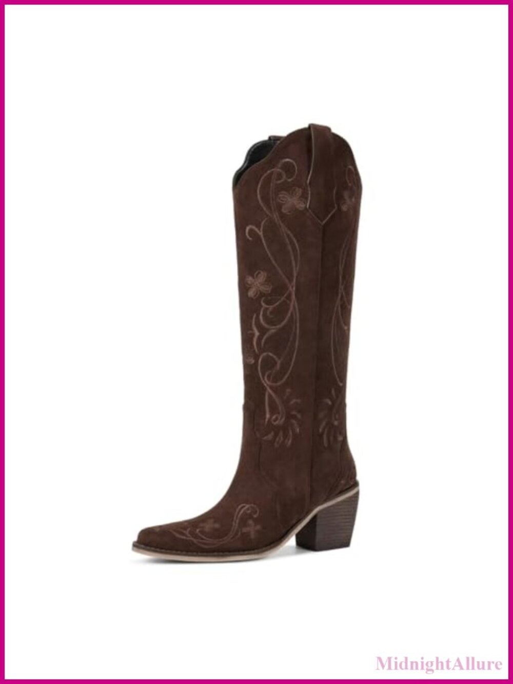 Knee High Cowboy Boots Suede Floral Embroidered Pointed Toe